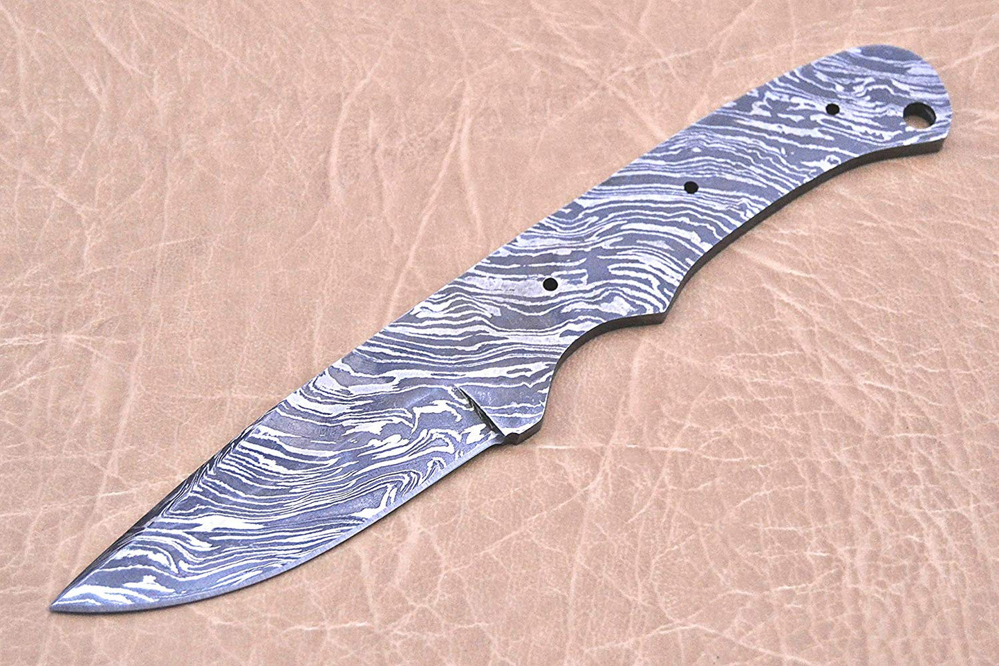 Damascus Steel Blank Blade, 8 inches Long Hand Forged Pocket Knife with 3 Pin Hole & an Inserting Hole Space 4 inches Cutting Edge