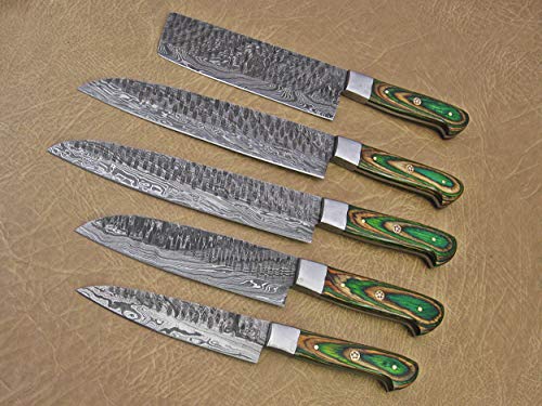5 Pieces Damascus steel Hammered kitchen knife set, 2 tone Green wood scale, 54 inches long sharp knives, Custom made hand forged Hammered Damascus steel blade, Goat suede Roll Leather sheath