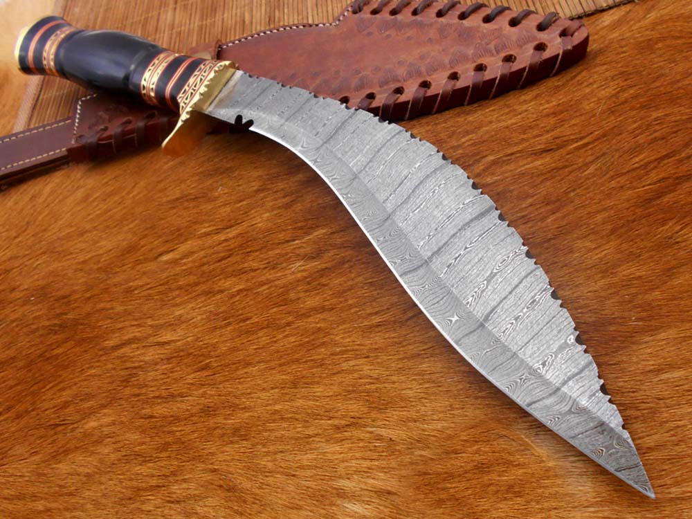 15 Inches long Damascus Steel Kukri Knife, custom made Hand Forged Damascus steel With 10" long blade, Black Bull horn crafted with engraved brass scale, Cow Leather Sheath