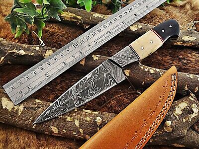 Damascus steel skinning knife 4 Pcs set with leather sheath, Black & white scale