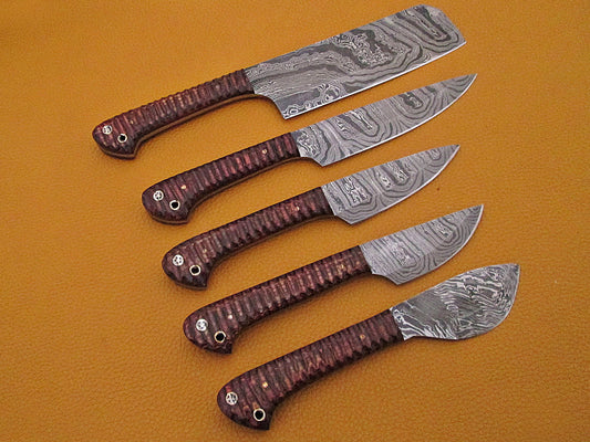5 Pieces Damascus steel kitchen knife set includes (10.6+9.6+9.0+8.0+7.6)" knives in Brown Jigged wood scale, includes Roll able Leather suede sheath