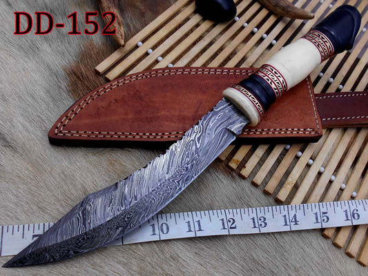 13.5 Inches long Hand Forged Damascus hunting Bowie Knife 8" blade. Camel bone, engraved brass & horn exotic scale cow hide leather sheath