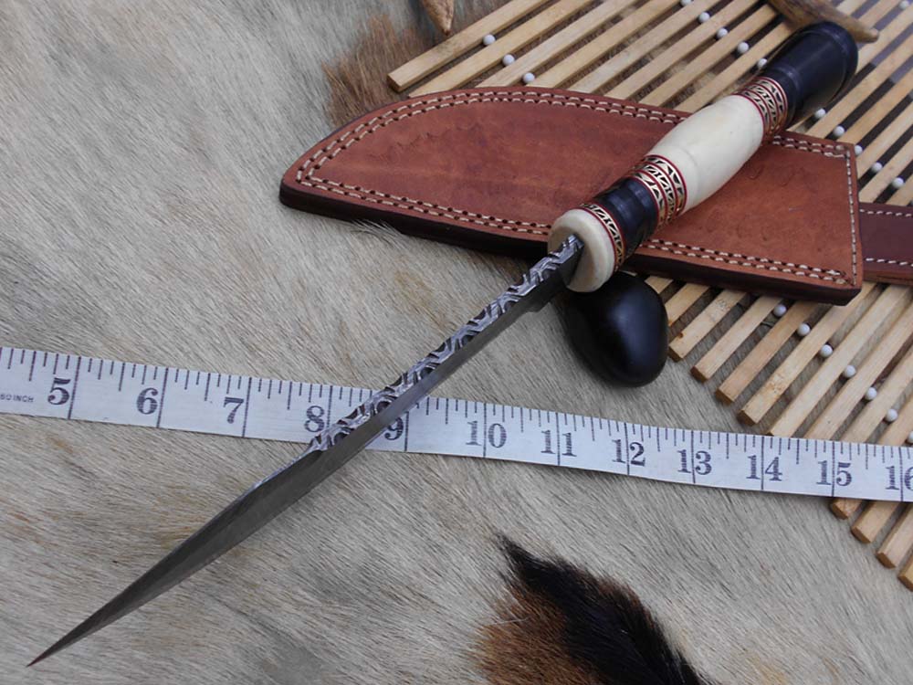 13.5 Inches long Hand Forged Damascus hunting Bowie Knife 8" blade. Camel bone, engraved brass & horn exotic scale cow hide leather sheath