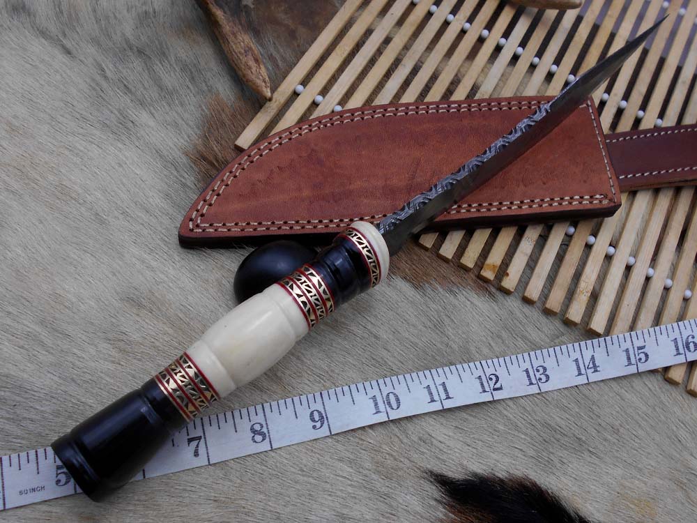 13.5 Inches long Hand Forged Damascus hunting Bowie Knife 8" blade. Camel bone, engraved brass & horn exotic scale cow hide leather sheath