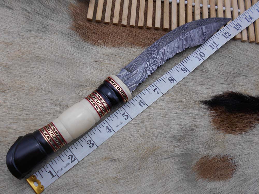 13.5 Inches long Hand Forged Damascus hunting Bowie Knife 8" blade. Camel bone, engraved brass & horn exotic scale cow hide leather sheath