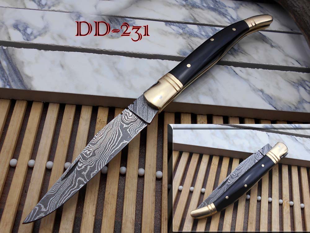 8.5" Damascus steel Laguiolle knife, Available in various scales with brass bolster, 4" twist pattern Blade, Cow hide leather sheath included