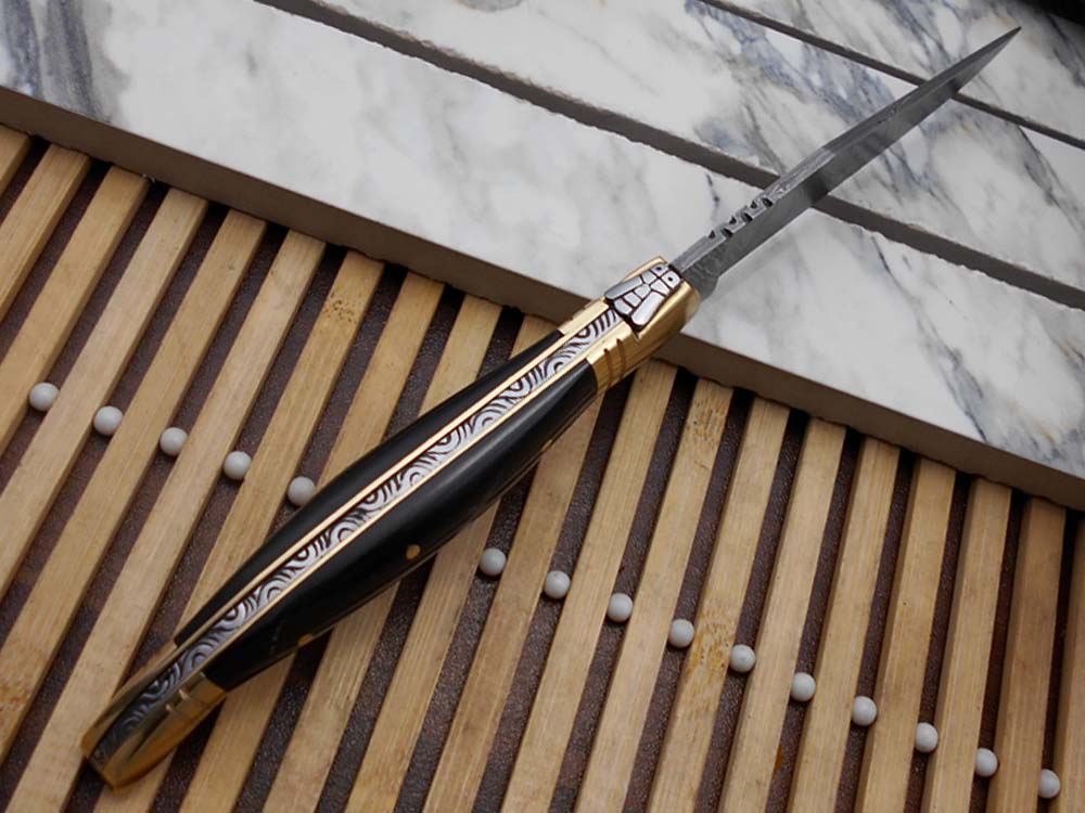 8.5" Damascus steel Laguiolle knife, Available in various scales with brass bolster, 4" twist pattern Blade, Cow hide leather sheath included