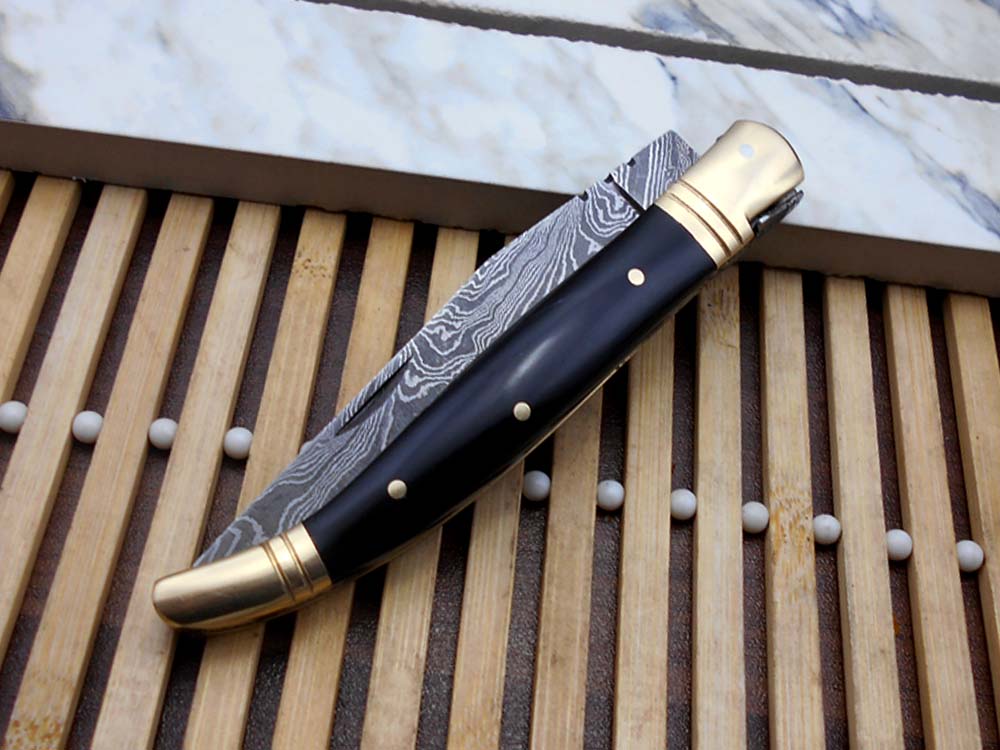 8.5" Damascus steel Laguiolle knife, Available in various scales with brass bolster, 4" twist pattern Blade, Cow hide leather sheath included