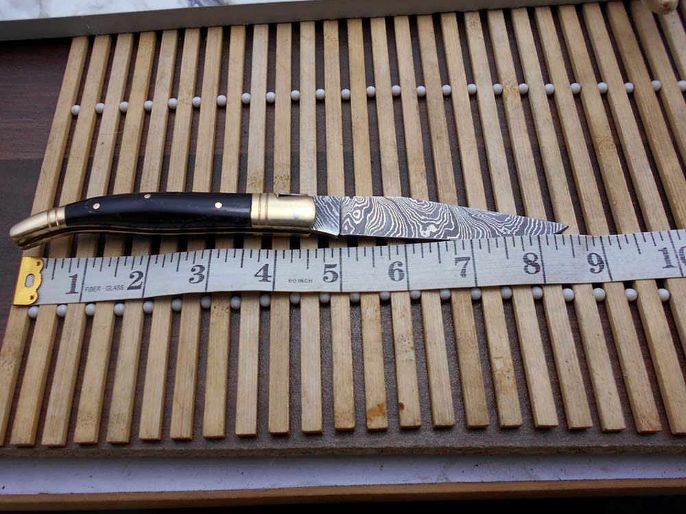 8.5" Damascus steel Laguiolle knife, Available in various scales with brass bolster, 4" twist pattern Blade, Cow hide leather sheath included