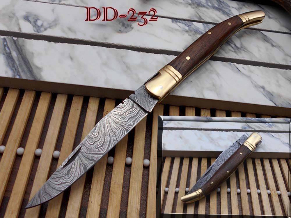 8.5" Damascus steel Laguiolle knife, Available in various scales with brass bolster, 4" twist pattern Blade, Cow hide leather sheath included