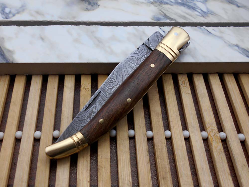 8.5" Damascus steel Laguiolle knife, Available in various scales with brass bolster, 4" twist pattern Blade, Cow hide leather sheath included