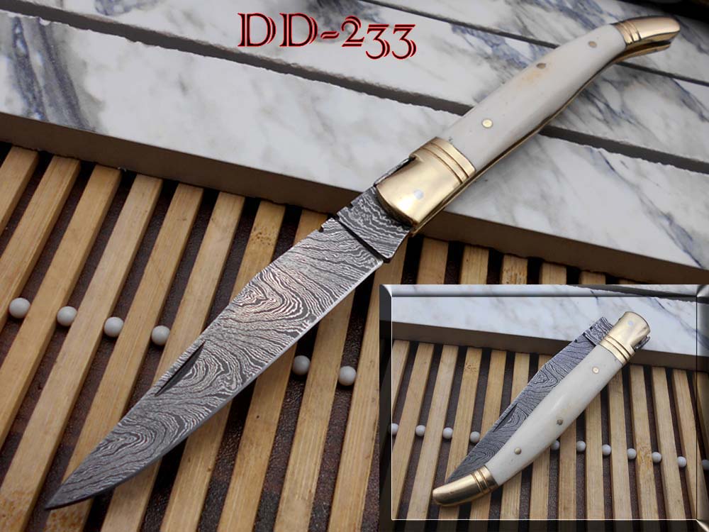 8.5" Damascus steel Laguiolle knife, Available in various scales with brass bolster, 4" twist pattern Blade, Cow hide leather sheath included