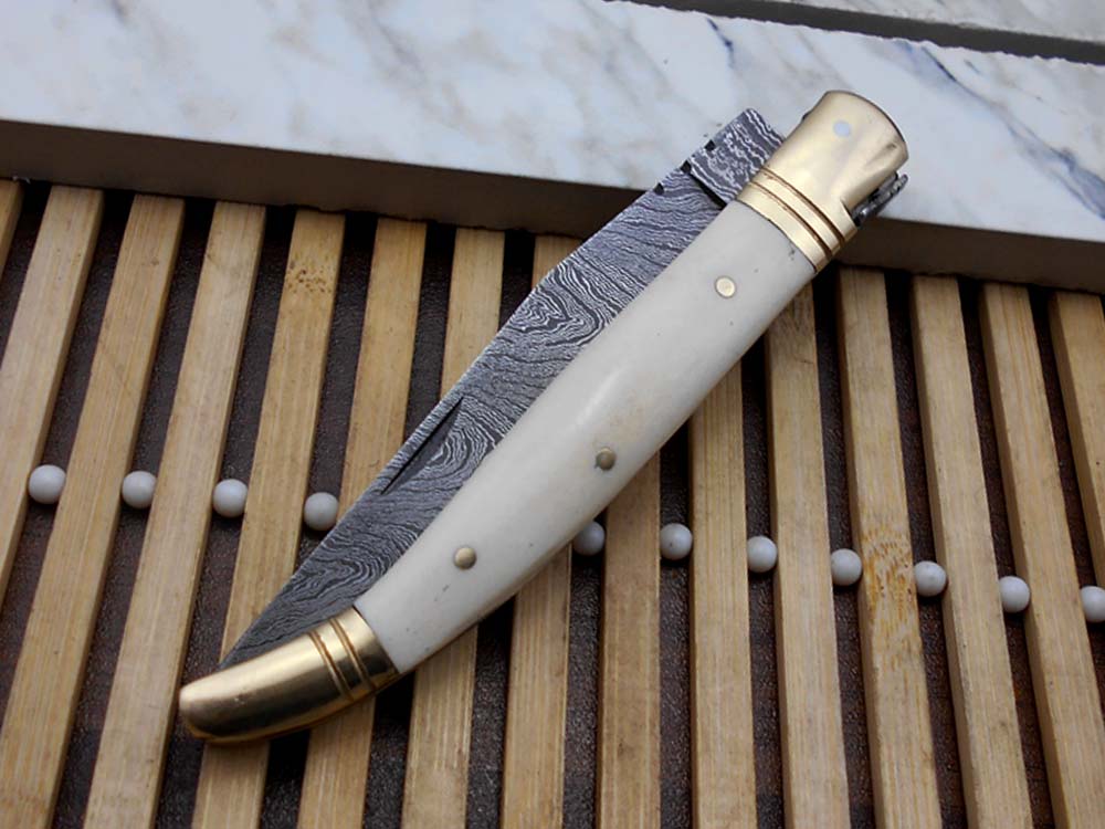 8.5" Damascus steel Laguiolle knife, Available in various scales with brass bolster, 4" twist pattern Blade, Cow hide leather sheath included