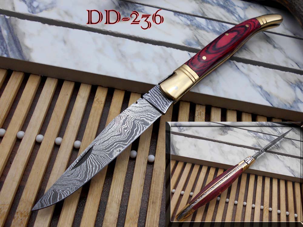 8.5" Damascus steel Laguiolle knife, Available in various scales with brass bolster, 4" twist pattern Blade, Cow hide leather sheath included