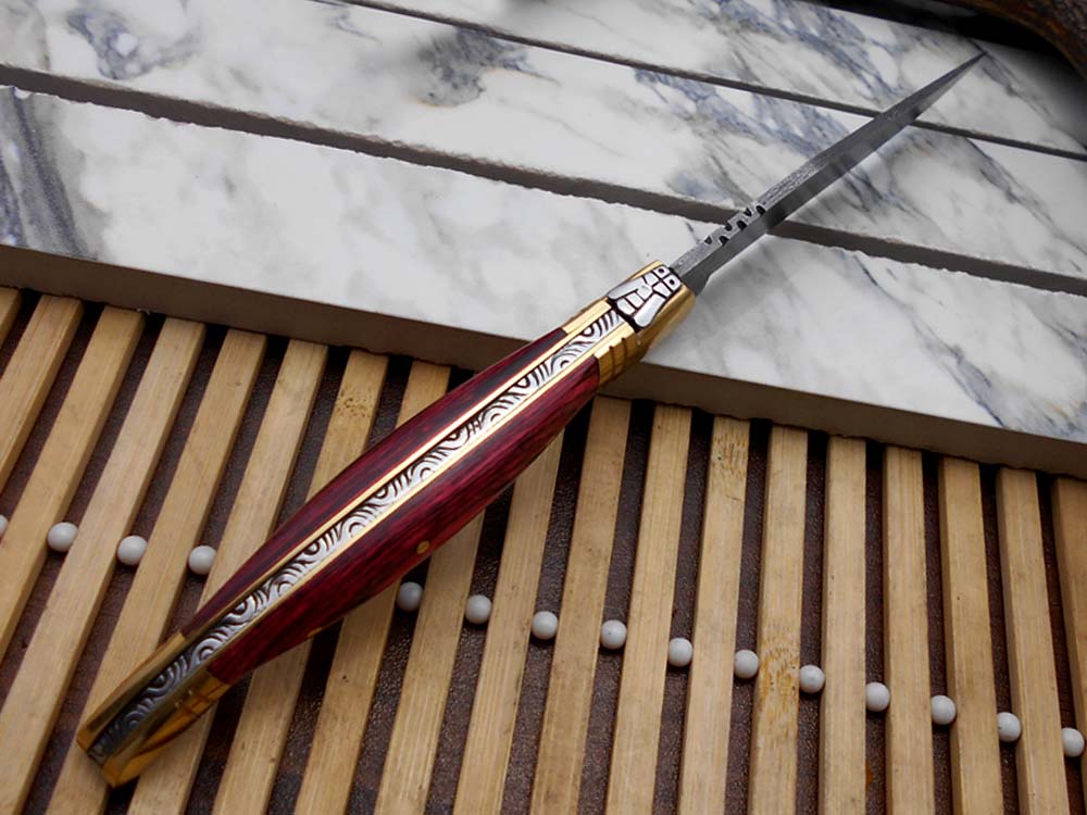 8.5" Damascus steel Laguiolle knife, Available in various scales with brass bolster, 4" twist pattern Blade, Cow hide leather sheath included