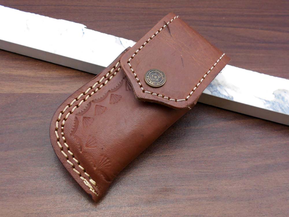 8" long hand forged custom made Damascus steel pocket clip folding knife, Blue Colored wood scale with engraved steel Bolster, Cow hide leather sheath included