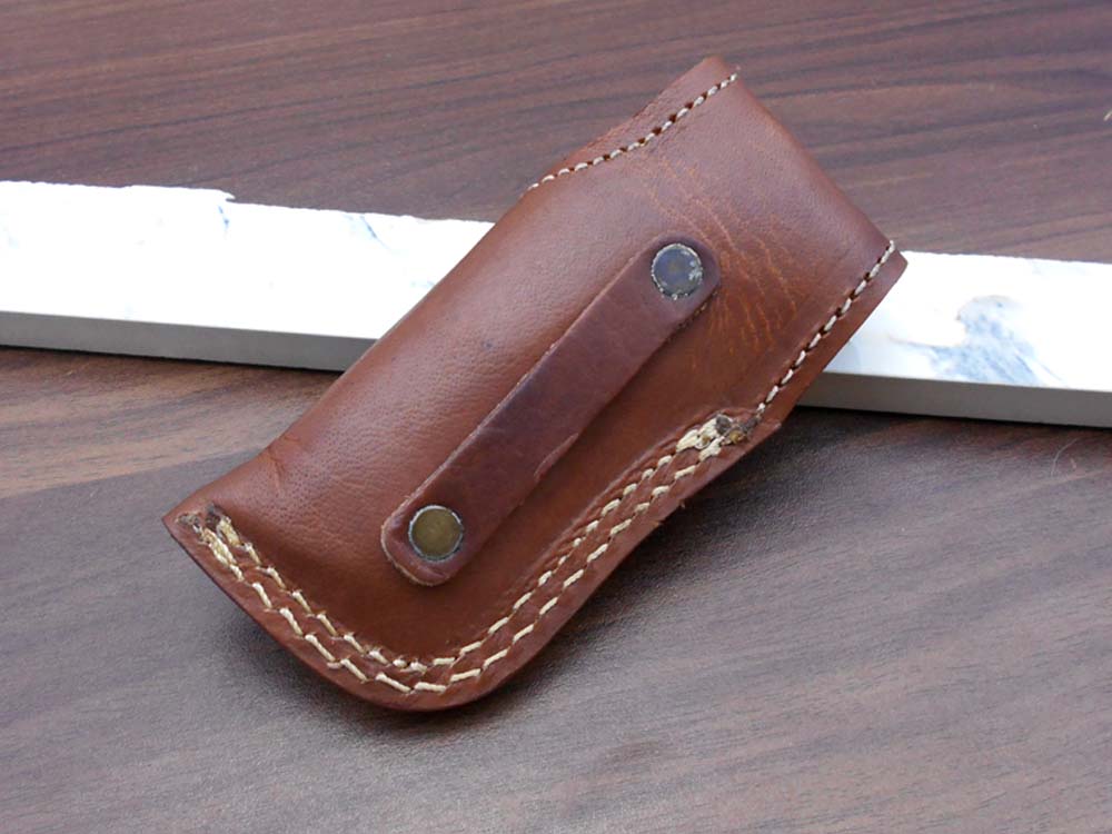 8" long hand forged custom made Damascus steel pocket clip folding knife, Blue Colored wood scale with engraved steel Bolster, Cow hide leather sheath included