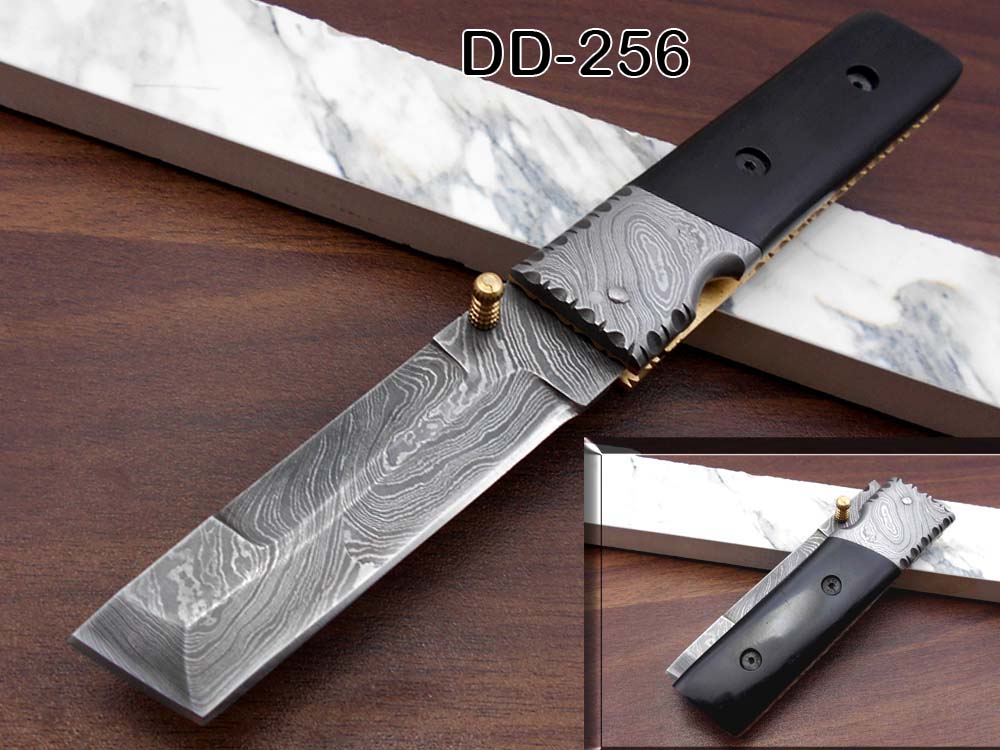 7.5" long Damascus steel Tanto blade folding knife, 6 natural scale with Damascus bolster, cow leather sheath W/ belt loop included
