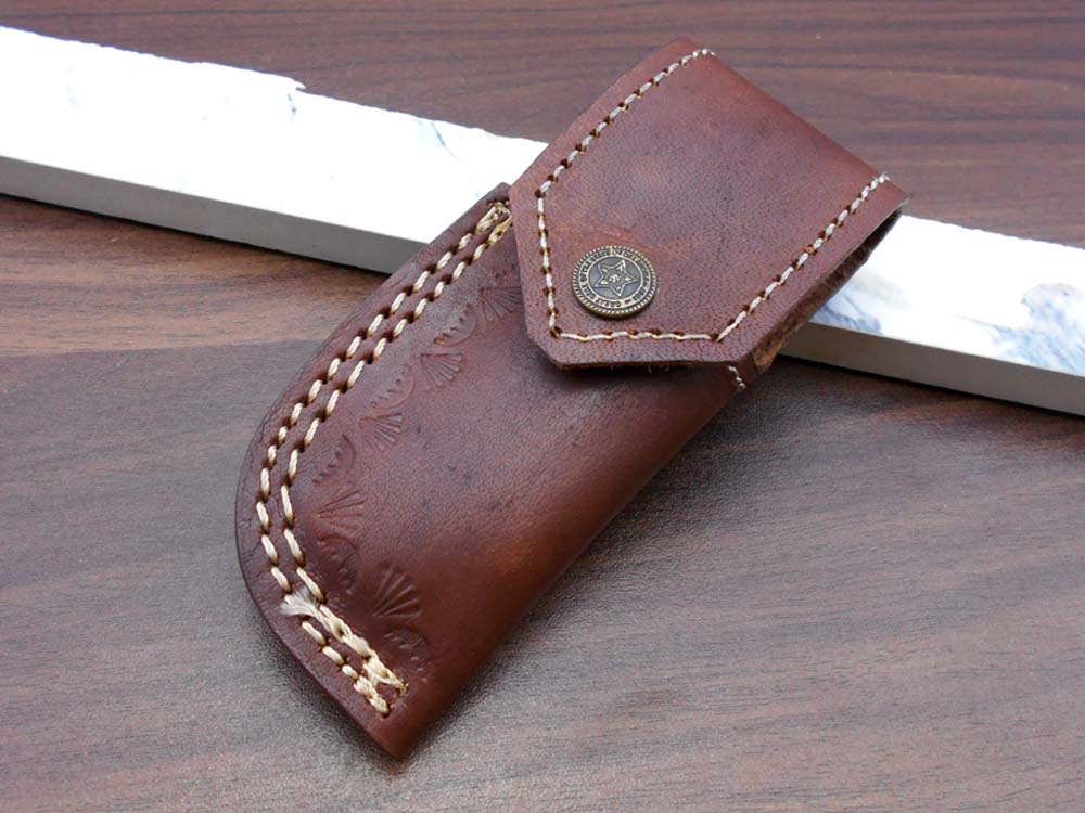 Damascus steel 7.5" long Folding Knife Bull horn with Damascus bolster pocket clip scale, custom made Hand Forged blade cow leather sheath