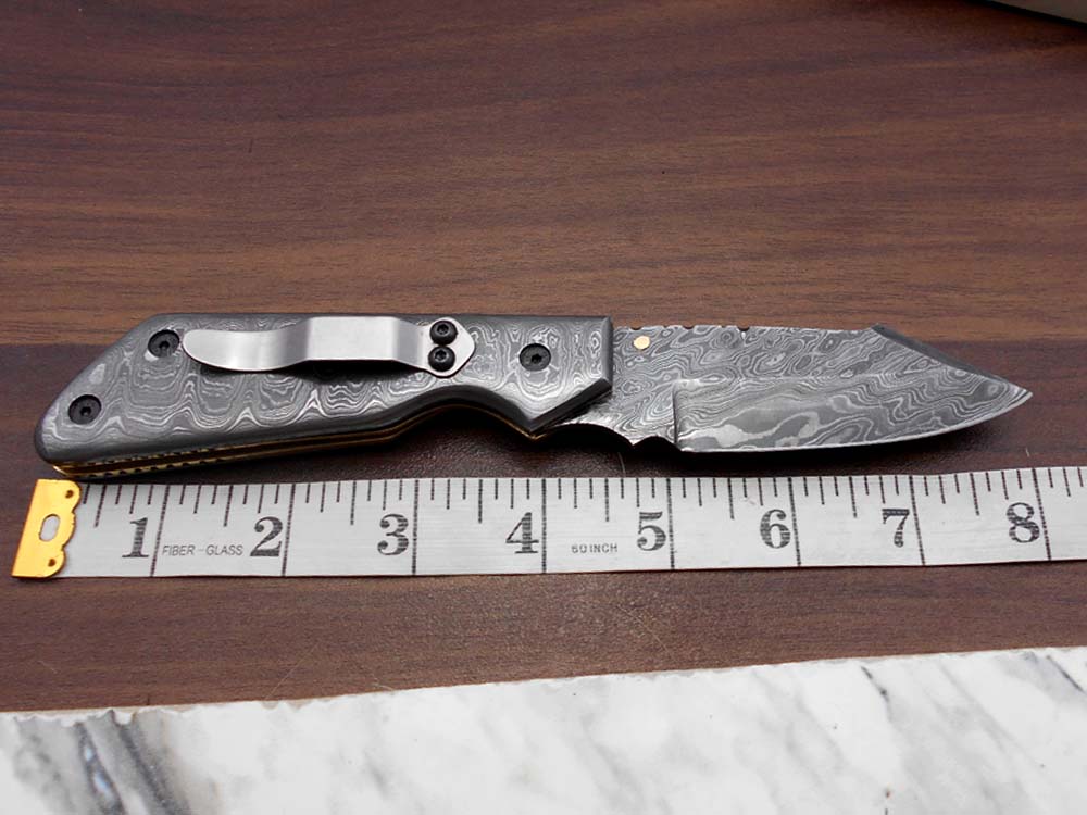 Damascus steel 7.5" long Folding Knife Bull horn with Damascus bolster pocket clip scale, custom made Hand Forged blade cow leather sheath