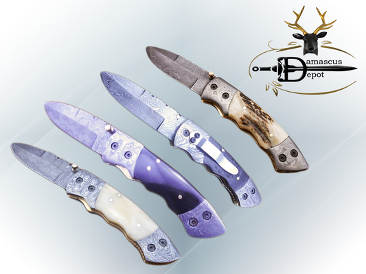 7.5" Damascus folding knife with Damascus bolster on both edges with thumb knob & liner lock equipped, Available in 4 scales, Cow hide leather sheath with belt loop included