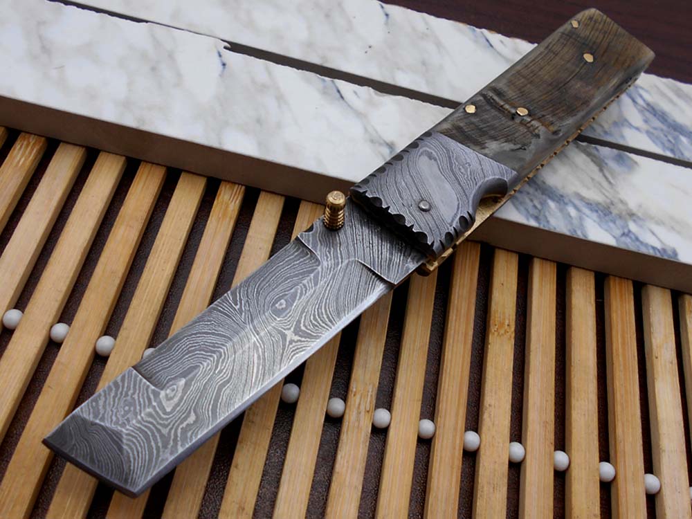 7.5" long Damascus steel Tanto blade folding knife, 6 natural scale with Damascus bolster, cow leather sheath W/ belt loop included