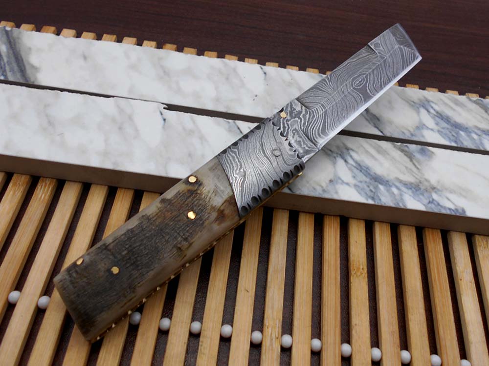 7.5" long Damascus steel Tanto blade folding knife, 6 natural scale with Damascus bolster, cow leather sheath W/ belt loop included