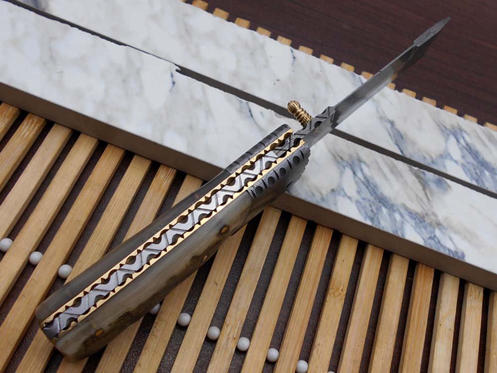 7.5" long Damascus steel Tanto blade folding knife, 6 natural scale with Damascus bolster, cow leather sheath W/ belt loop included