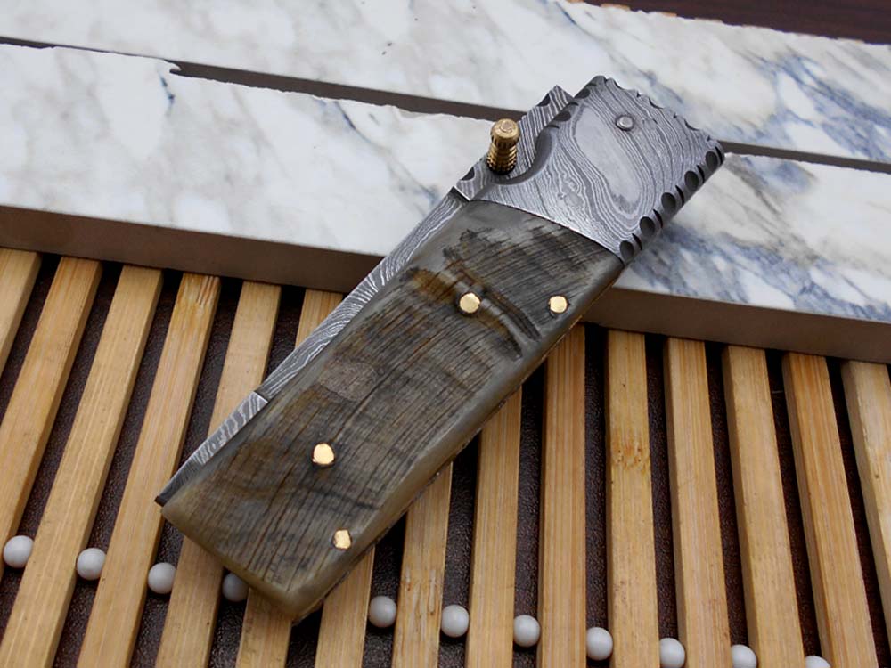 7.5" long Damascus steel Tanto blade folding knife, 6 natural scale with Damascus bolster, cow leather sheath W/ belt loop included