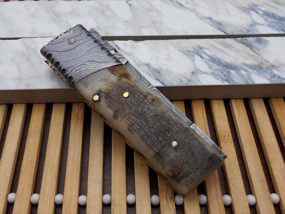 7.5" long Damascus steel Tanto blade folding knife, 6 natural scale with Damascus bolster, cow leather sheath W/ belt loop included