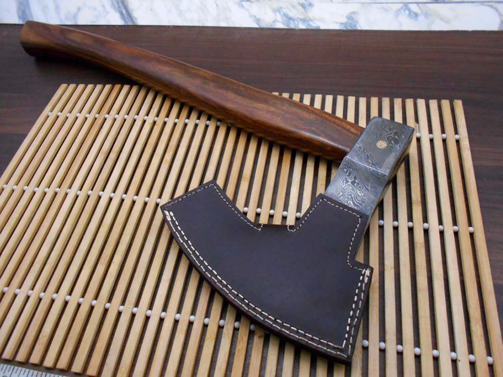 Damascus steel tomahawk Axe bearded hiking battle axe19.5 Inches long Hand Forged with Rose wood round handle, Large 5" cutting edge, Thick cow hide leather sheath