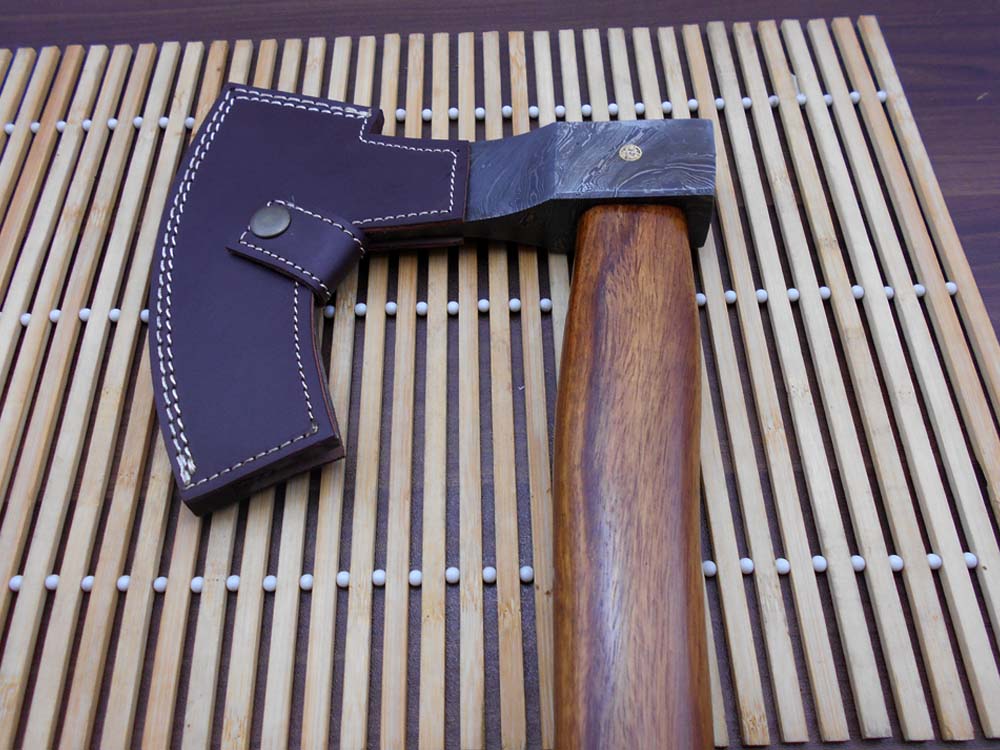 Damascus steel tomahawk Axe bearded hiking battle axe19.5 Inches long Hand Forged with Rose wood round handle, Large 5" cutting edge, Thick cow hide leather sheath