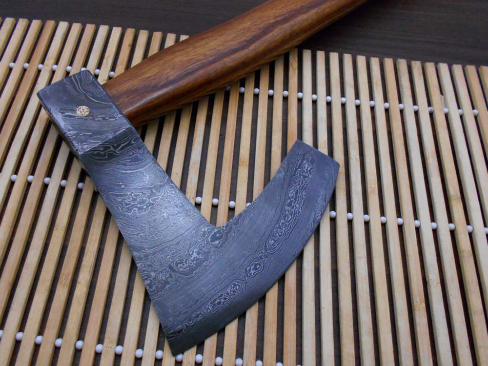 Damascus steel tomahawk Axe bearded hiking battle axe19.5 Inches long Hand Forged with Rose wood round handle, Large 5" cutting edge, Thick cow hide leather sheath