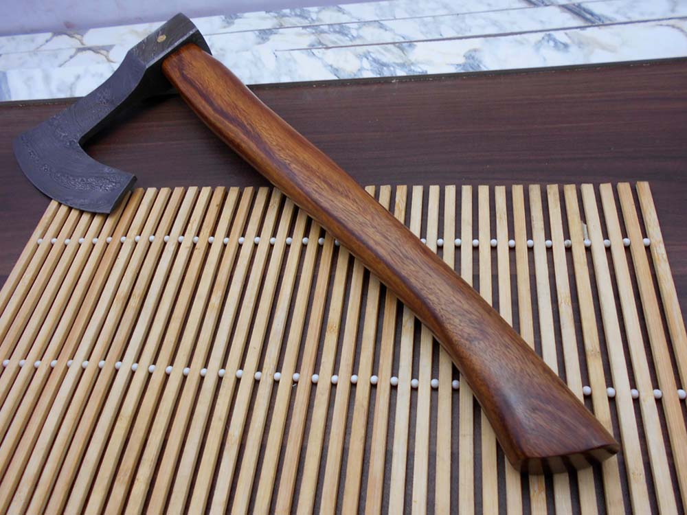 Damascus steel tomahawk Axe bearded hiking battle axe19.5 Inches long Hand Forged with Rose wood round handle, Large 5" cutting edge, Thick cow hide leather sheath