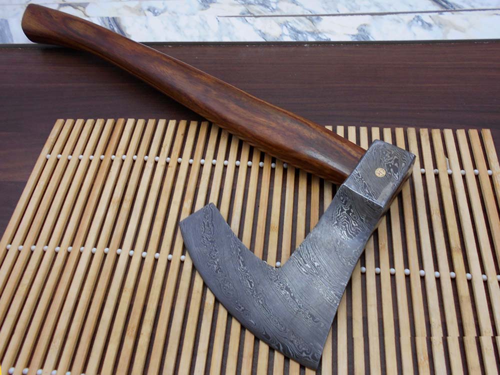 Damascus steel tomahawk Axe bearded hiking battle axe19.5 Inches long Hand Forged with Rose wood round handle, Large 5" cutting edge, Thick cow hide leather sheath