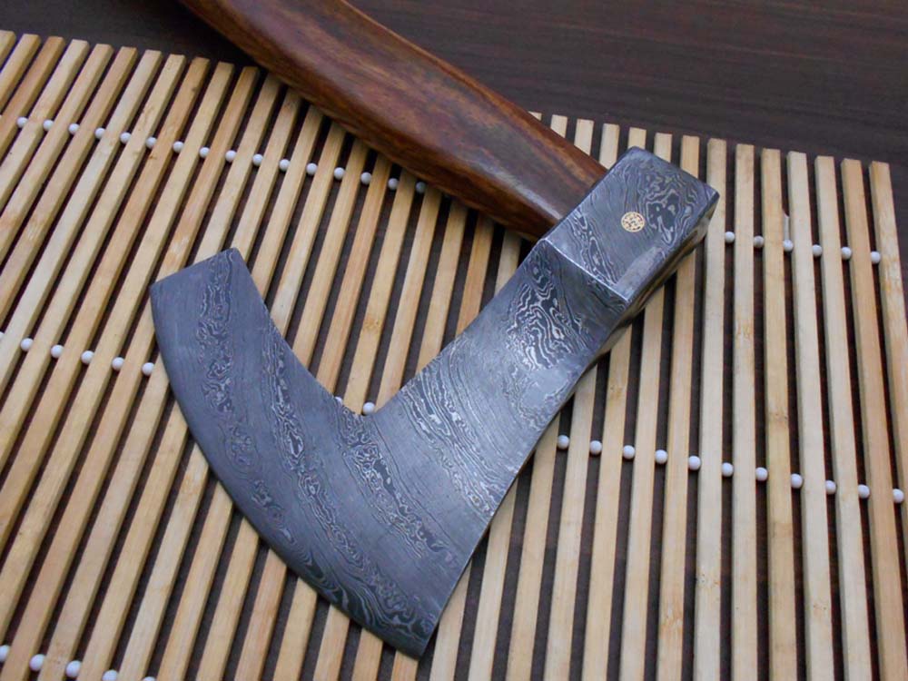 Damascus steel tomahawk Axe bearded hiking battle axe19.5 Inches long Hand Forged with Rose wood round handle, Large 5" cutting edge, Thick cow hide leather sheath