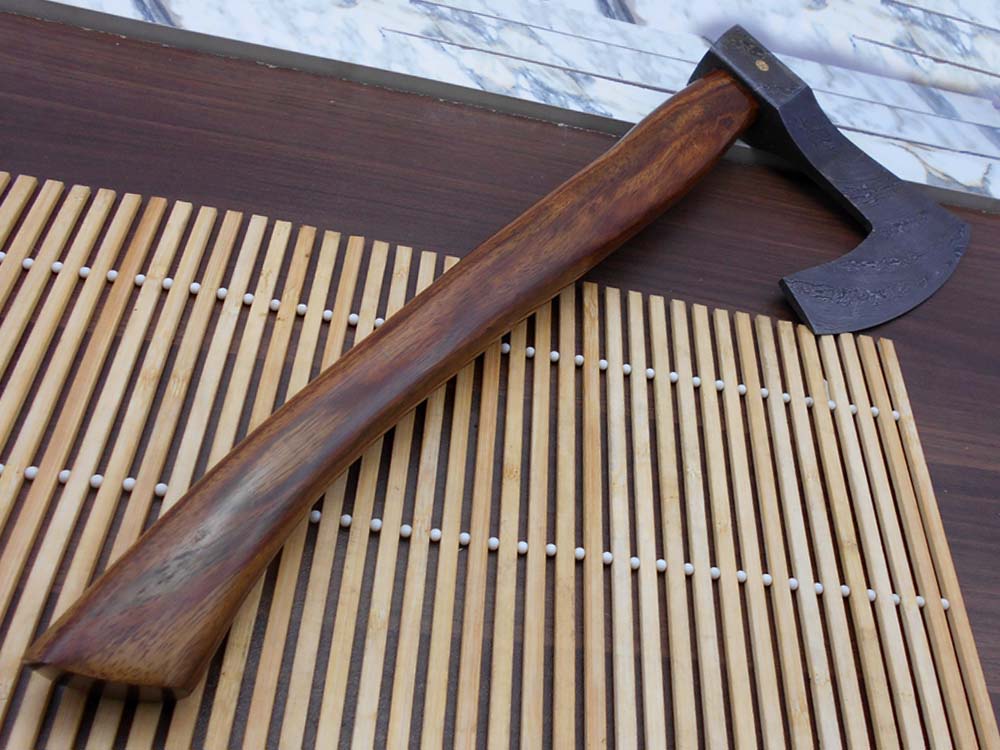 Damascus steel tomahawk Axe bearded hiking battle axe19.5 Inches long Hand Forged with Rose wood round handle, Large 5" cutting edge, Thick cow hide leather sheath