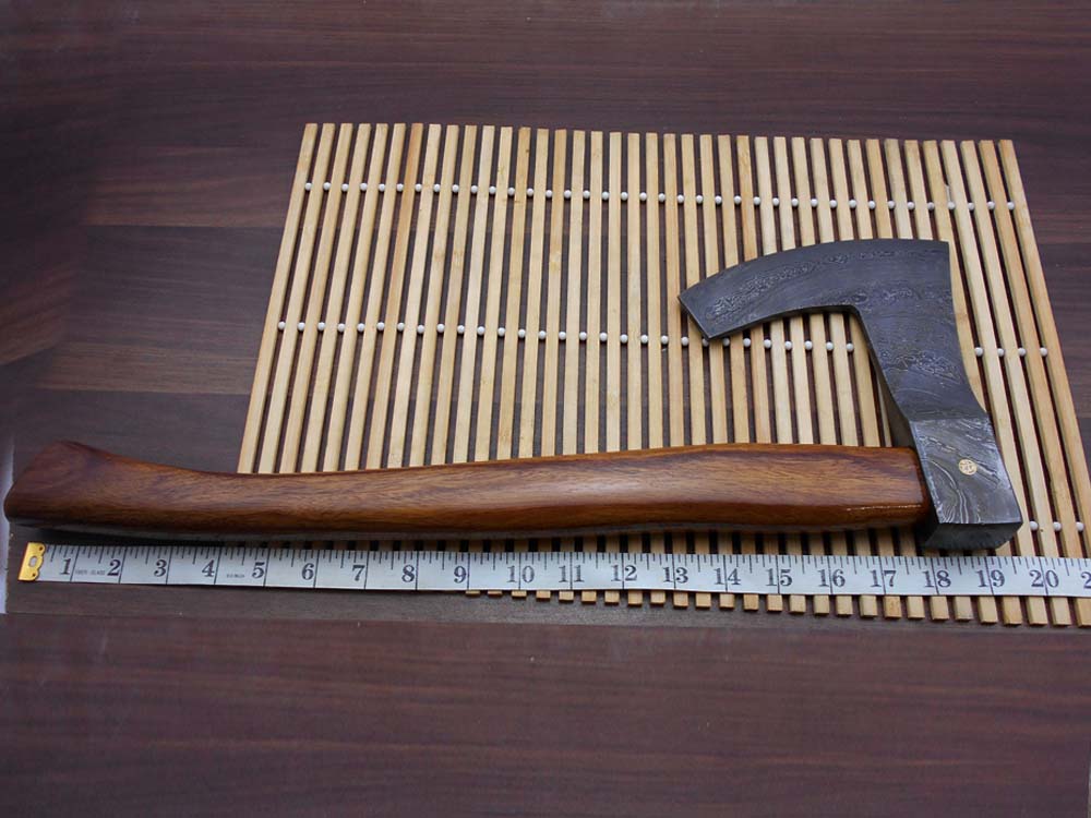 Damascus steel tomahawk Axe bearded hiking battle axe19.5 Inches long Hand Forged with Rose wood round handle, Large 5" cutting edge, Thick cow hide leather sheath