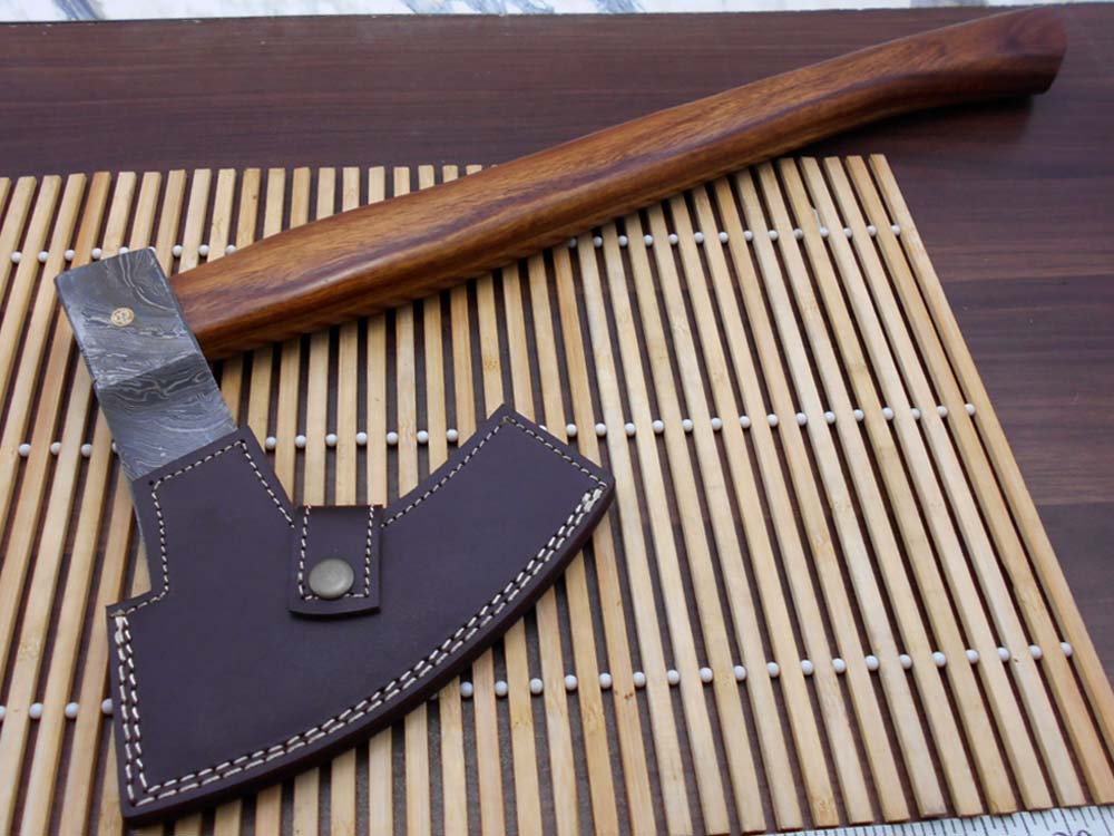 Damascus steel tomahawk Axe bearded hiking battle axe19.5 Inches long Hand Forged with Rose wood round handle, Large 5" cutting edge, Thick cow hide leather sheath