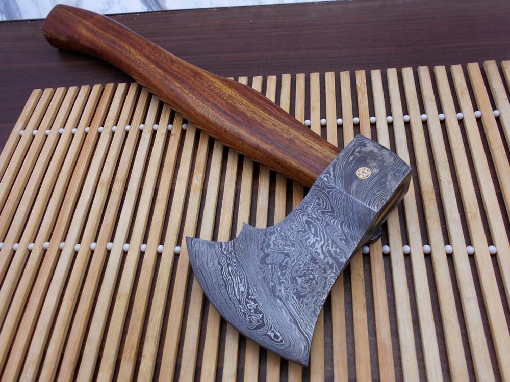 Damascus steel tomahawk Axe bearded hiking battle axe14.5 Inches long Hand Forged with Rose wood round handle, thick cow hide leather sheath (Copy)