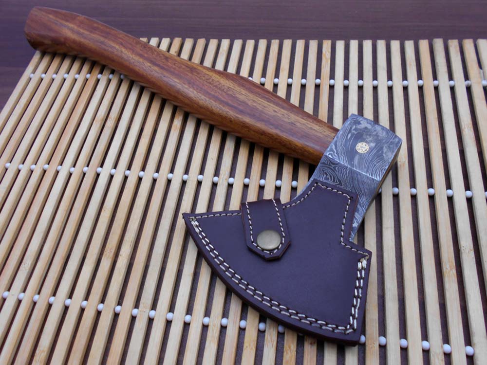 Damascus steel tomahawk Axe bearded hiking battle axe14.5 Inches long Hand Forged with Rose wood round handle, thick cow hide leather sheath (Copy)