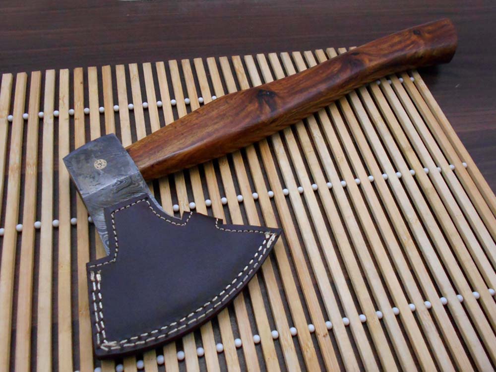 Damascus steel tomahawk Axe bearded hiking battle axe14.5 Inches long Hand Forged with Rose wood round handle, thick cow hide leather sheath (Copy)