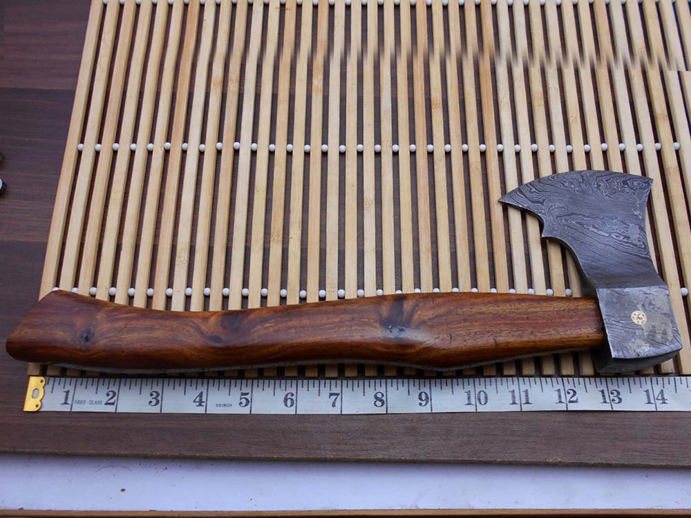 Damascus steel tomahawk Axe bearded hiking battle axe14.5 Inches long Hand Forged with Rose wood round handle, thick cow hide leather sheath (Copy)