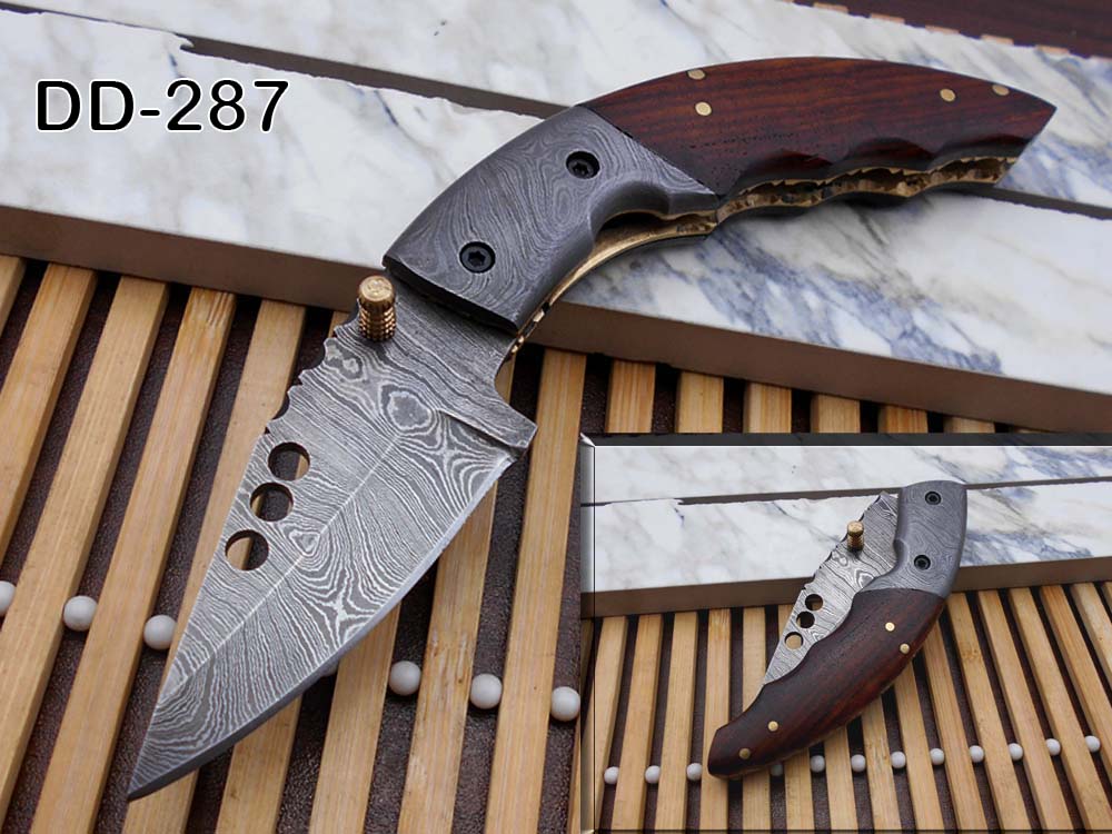 Damascus steel 7" long Folding Knife, Available in 3 scales with bolster, 3" Hand Forged legal blade with 3 inserting holes, Cow hide leather sheath included