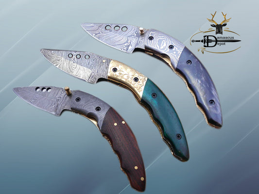 Damascus steel 7" long Folding Knife, Available in 3 scales with bolster, 3" Hand Forged legal blade with 3 inserting holes, Cow hide leather sheath included