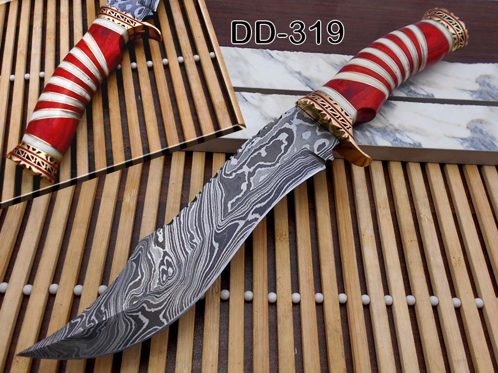 12" Long Damascus steel Hunting Bowie knife hand forged, exotic scale crafted with engraved brass, sliced camel bone and Wood W/brass spacer