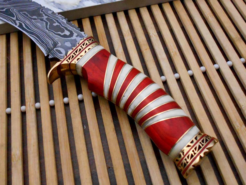 12" Long Damascus steel Hunting Bowie knife hand forged, exotic scale crafted with engraved brass, sliced camel bone and Wood W/brass spacer