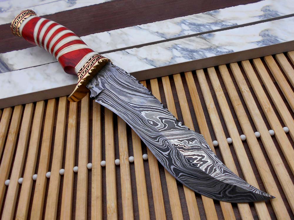 12" Long Damascus steel Hunting Bowie knife hand forged, exotic scale crafted with engraved brass, sliced camel bone and Wood W/brass spacer