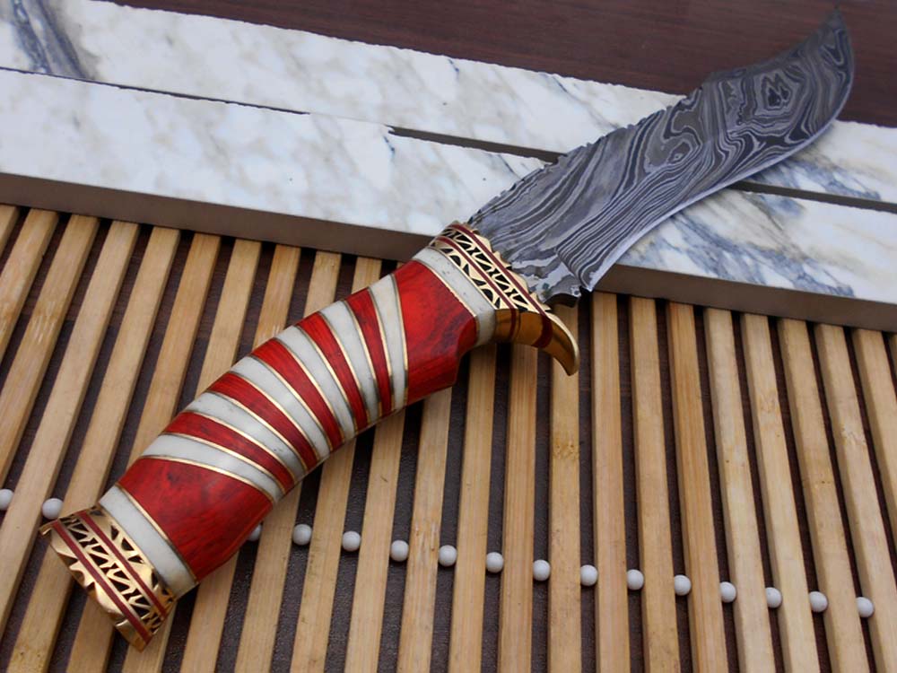 12" Long Damascus steel Hunting Bowie knife hand forged, exotic scale crafted with engraved brass, sliced camel bone and Wood W/brass spacer