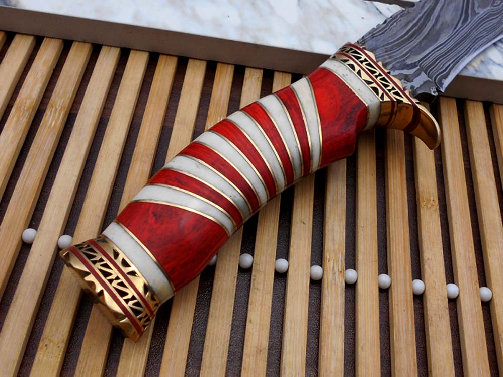 12" Long Damascus steel Hunting Bowie knife hand forged, exotic scale crafted with engraved brass, sliced camel bone and Wood W/brass spacer